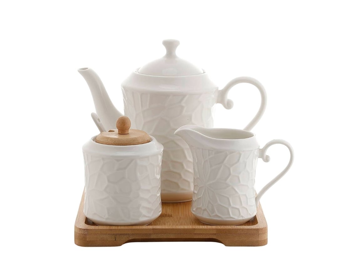 Bule de chá de porcelana de bambu branco Home Esprit