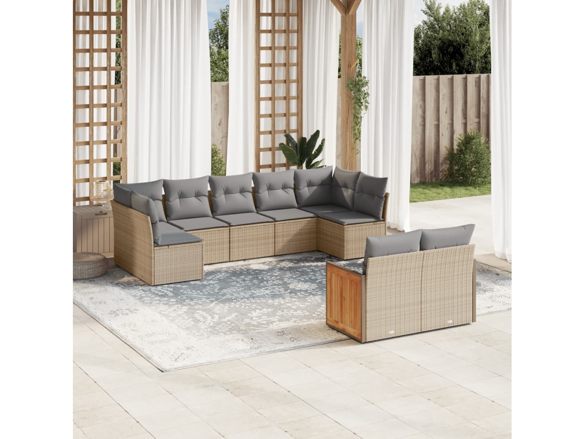 Vidaxl 9 Pcs Conjunto De Sofás P/ Jardim Com Almofadões Vime Pe Bege
