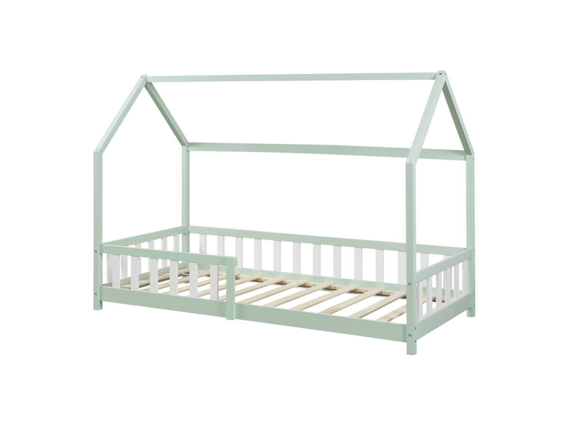 Cama de Criança Hesel em Forma de Casa de Pinho com Gradeamento 90X200Cm Verde Menta [EN.CASA]