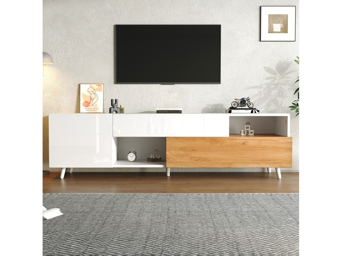 Móvel para TV KOMHTOM branco e madeira, 180x38x50 cm, múltiplos compartimentos, 1 gaveta, suporta TV 75 polegadas