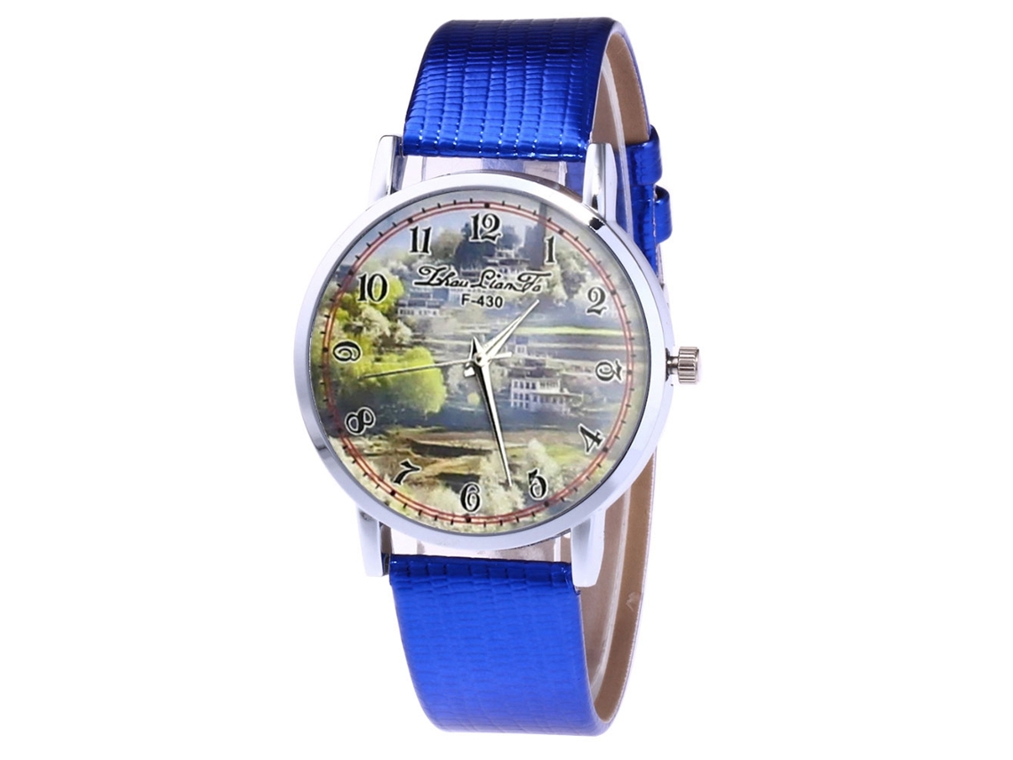 Relógio Analógico de Quartzo Unisex com Pulseira de Couro Pu Azul