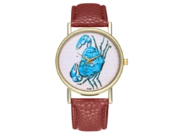 Relógio de pulso de quartzo com pulseira de couro PU, desenho de caranguejo, estilo simples e moderno T165-a cor café