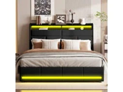 Cama Estofada 160x200 cm com Iluminação Led, Estrado de Ripas com Sistema Hidráulico e Espaço de Arrumação, Preta