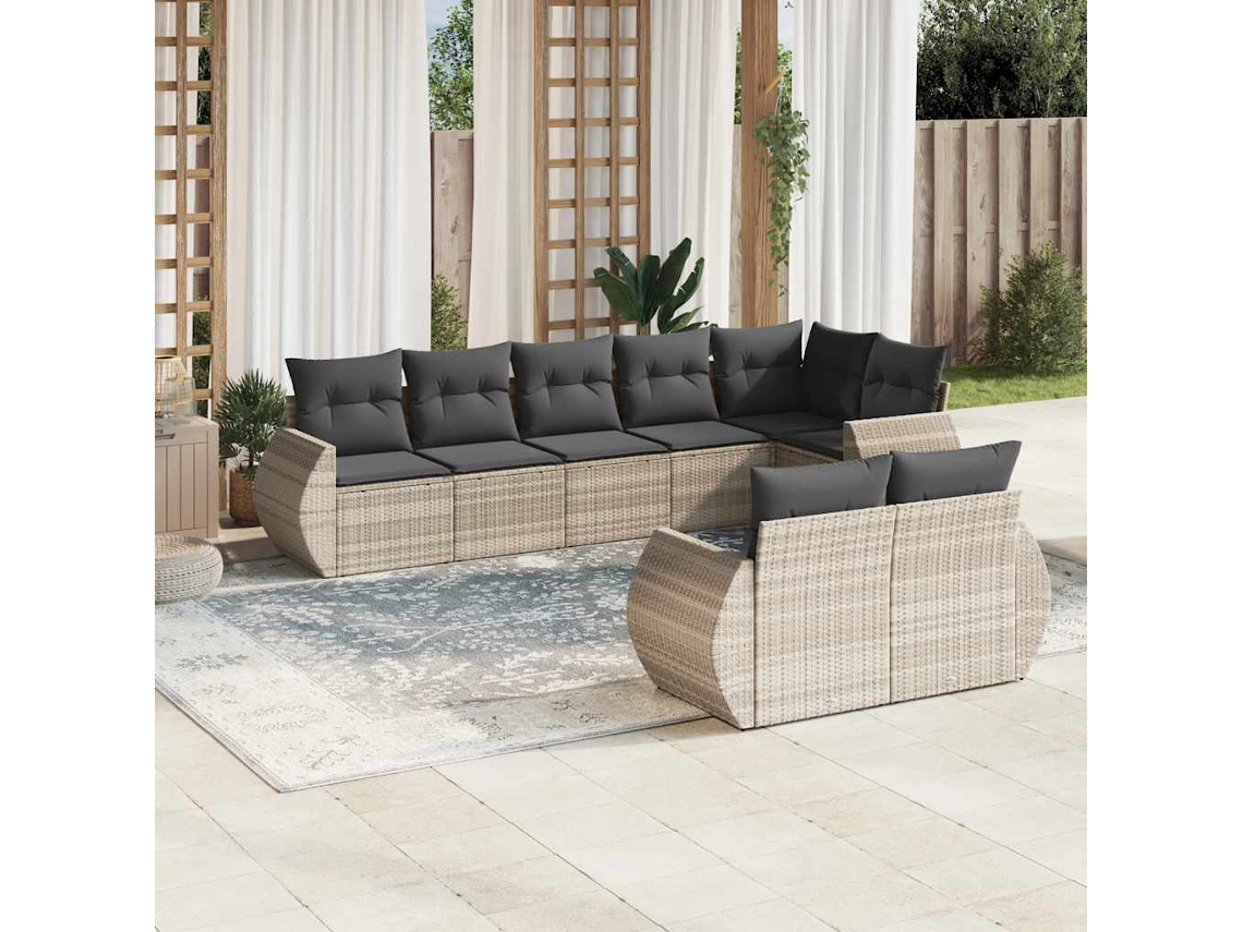 Vidaxl 8 Pcs Conj. Sofás Jardim C/ Almofadões Vime Pe Cinzento-claro