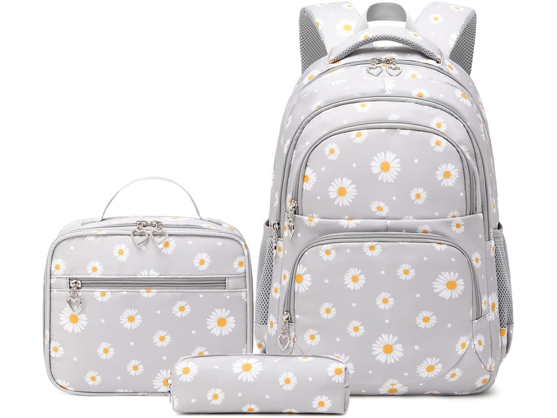 Mochila Escolar Feminina com Estampa de Margaridas, Ideal para Meninas do Ensino Fundamental, com Lancheira Inclusa BRILVIBERA (cinza)