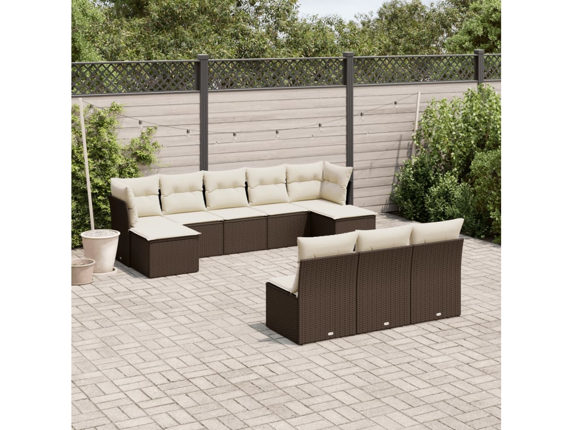 Vidaxl 10 Pcs Conj. Sofás Jardim Com Almofadões Vime Pe Castanho