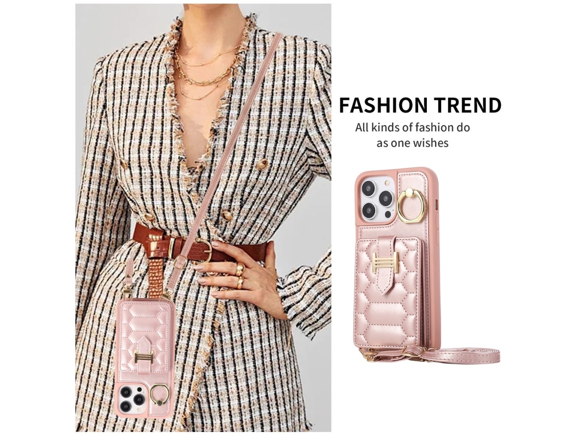Suporte Casa Ouro Para Iphone 15 Pele Sintética Com Porta-cartões Rosa