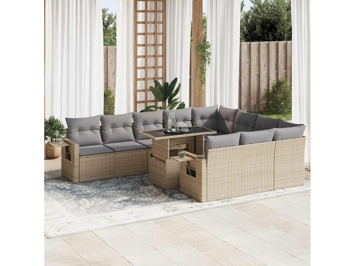 Vidaxl 11 Pcs Conjunto Sofás De Jardim C/ Almofadões Vime Pe Bege