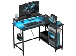 Mesa Computador L com Led S/MARCA (Tomadas e Usb, prateleira, Preto, 107x80x90cm)