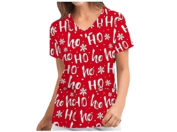 Uniforme De Enfermagem Feminino De Natal Com Manga Curta Camiseta Scrub V-neck Xmas Blouse Tops Vermelho