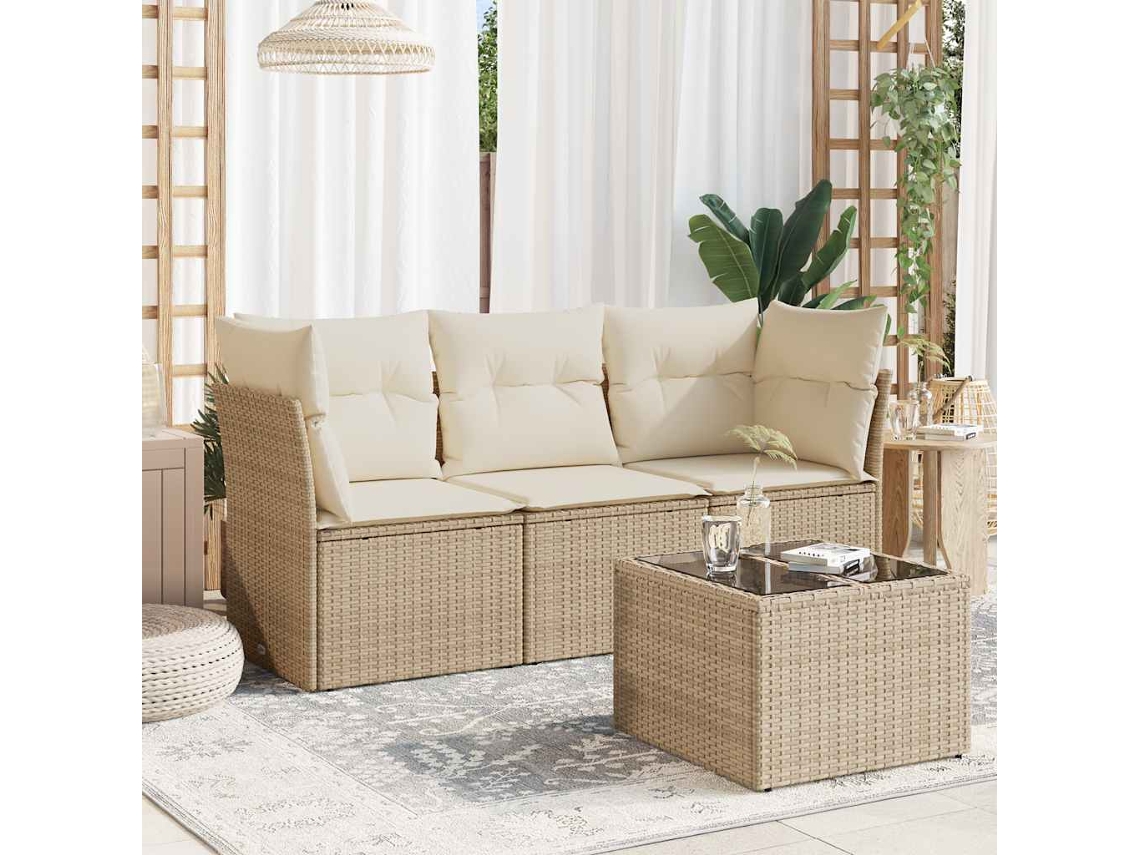 Vidaxl 4 Pcs Conjunto De Sofás Para Jardim C/ Almofadões Vime Pe Bege