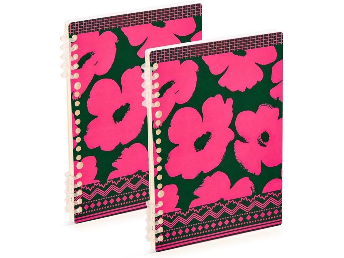 Conjunto de 2 Cadernos Espiral, Tamanho A5, Verde Escuro e Rosa Claro, com Estampas Tribais, 21,1 X 14,5 Cm, e
