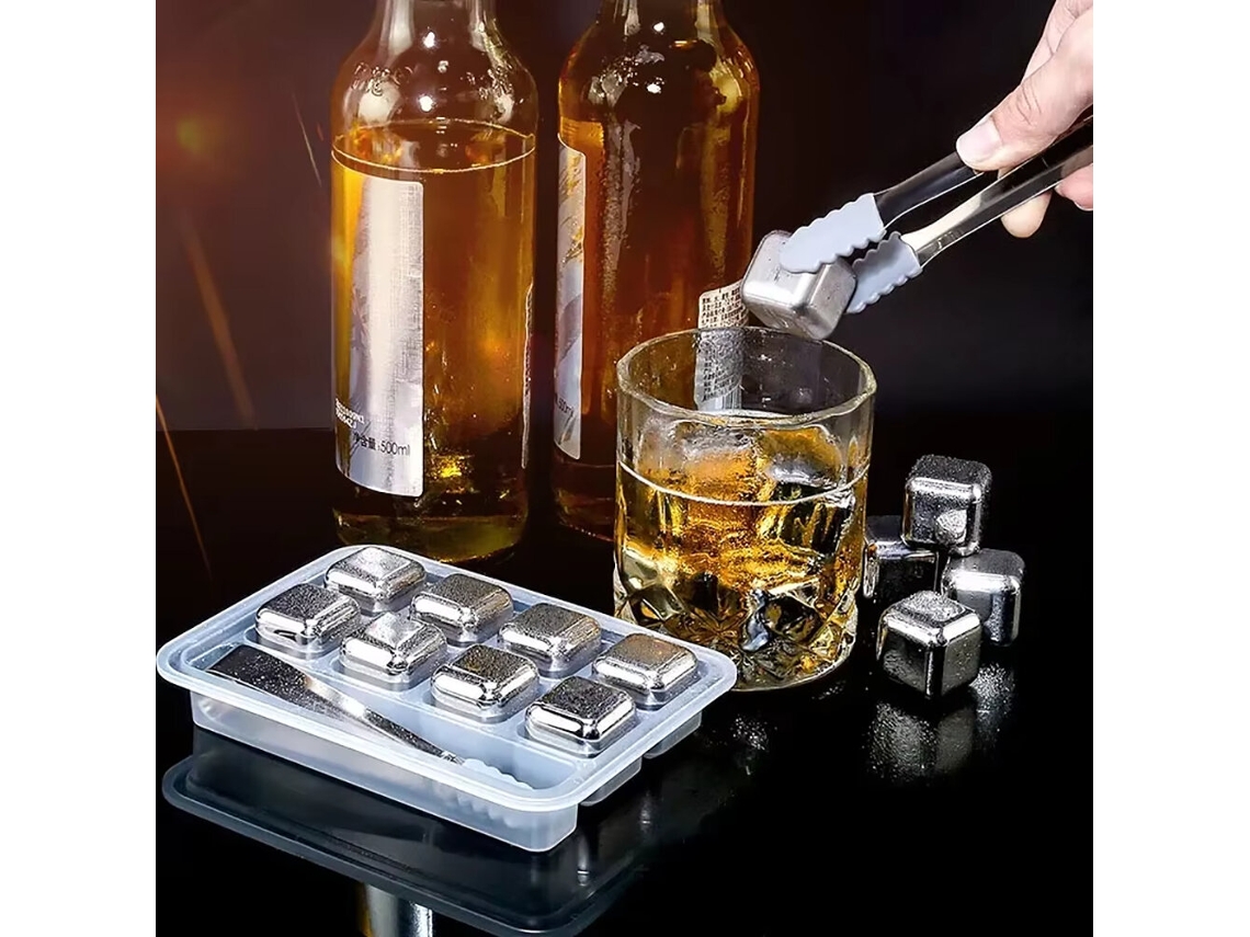 Conjunto de 8 Cubos de Gelo Reutilizáveis ​​em Aço Inoxidável 304 para Resfriar Uísque e Vinho Ideal para Festas e Bares MDUG