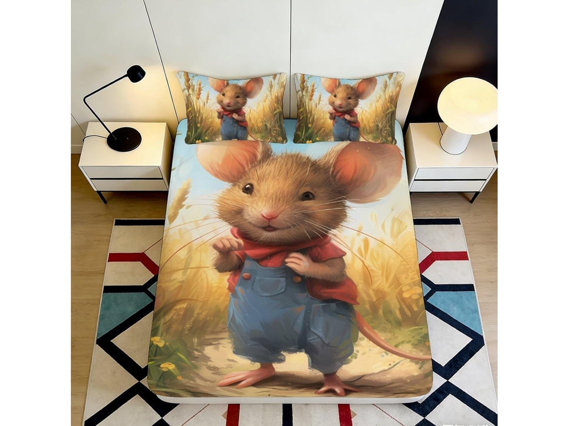 Conjunto de Cama com Estampa 3d Ratinhos em Microfibra Fronha 200x25cm