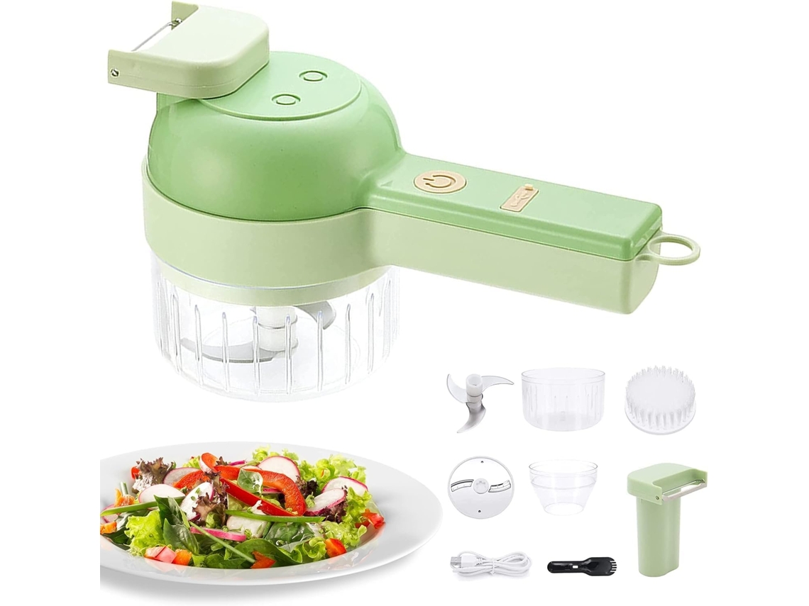 Conjunto de Cortador de Vegetais Elétrico Portátil 4 em 1 Mini Fatiador e Picador de Alimentos para Cozinha Moedor Multifuncional Sem Fio CHRONUS