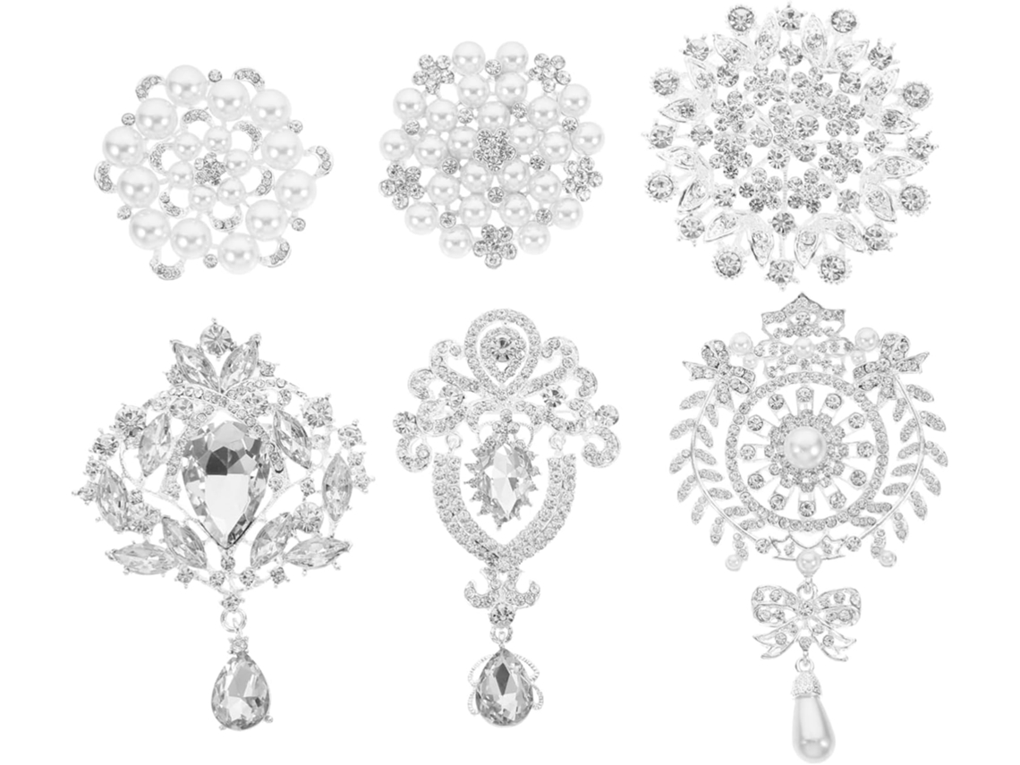 Conjunto De 6 Broches De Pérolas Artificiais E Cristais Para Casamento, Formatura E Presente.