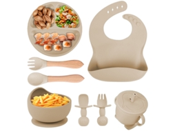 Conjunto de Alimentação para Bebê em Silicone, 8 Peças, Incluindo Ventosa, Tigela, Babador, Colher, Garfo e Copo com Canudo Branco PANOONA