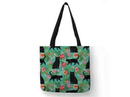 Bolsa de Compras Feminina com Estampa Floral Gatinho Desenho Animado, Ombro em Tecido Linho, Ec Ológica, Reutilizável e do GOKOCO