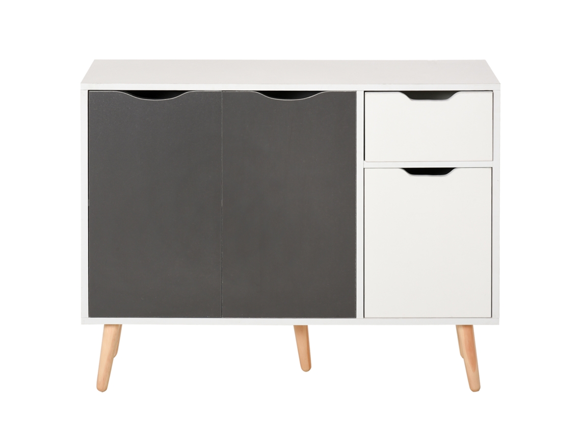 Aparador Móvel Auxiliar De Armazenamento Com 2 Armários De Porta Gaveta Pés De Madeira 90x30x72 Cm Cinza E Branco