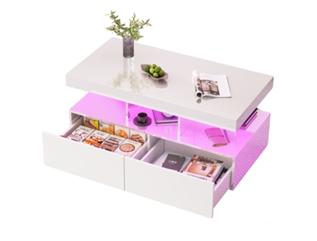 Mesa De Centro Branca, Mesa De Sala Com Acabamento Brilhante E Iluminação Led, Mesa De Centro Com 2 Gavetas, Mesa De Apoio, Mesa De Sofá Mexus