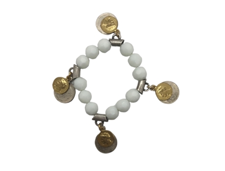 Pulseira Elástica Cristal Facetado Branco e Moedas Tipo Misto Prata/Ouro Antigo GLORIA MAGO