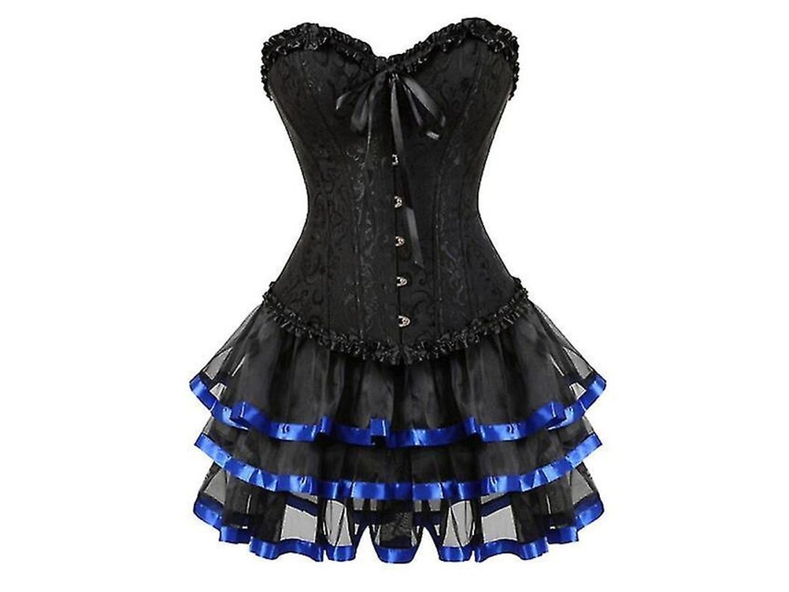 Corset Feminino de Encaje com Bordado Estampado, Ossos de Plástico, Estilo Cotidiano, Poliéster e Spandex Azul
