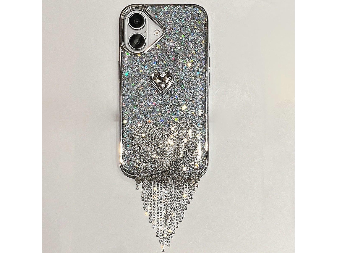 Capa Protetora Para Iphone 16 Com Glitter Galvanizado E Borla Em Formato De Coração Epóxi