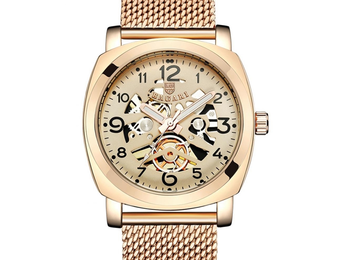 Relógio masculino Bagari em ouro rosa com movimento de quartzo e pulseira redonda de malha.