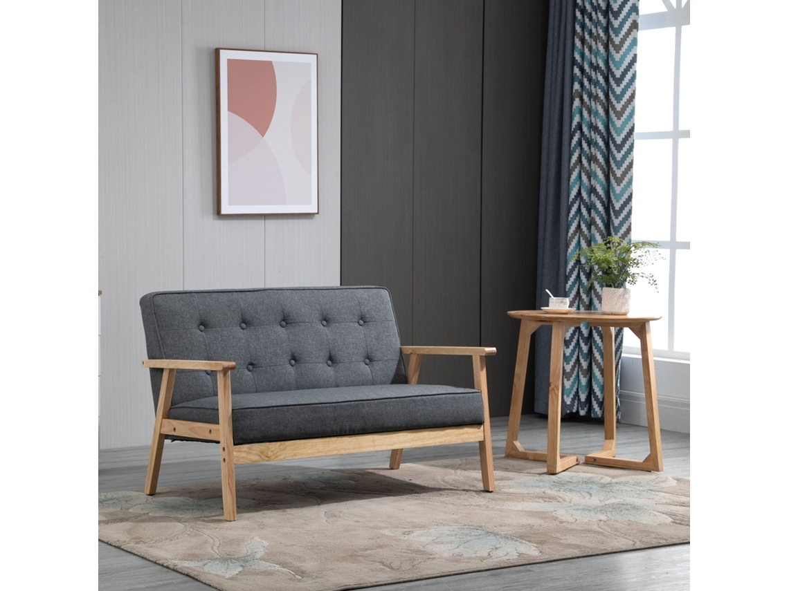 Sofá Cinza Para Dois Lugares, 113x67x78 Cm, Com Encosto Almofadado, Pernas De Madeira Antiderrapantes E Botões Tufados