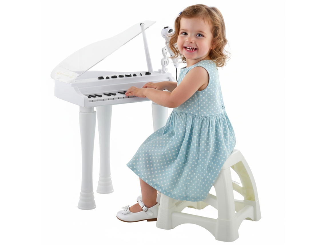 Piano Eletrónico para Crianças com 32 Teclas Microfone Luzes 22 Músicas 4 Tons e Volume Ajustável 37x30,5x60,4 Cm Branco LAMAISON