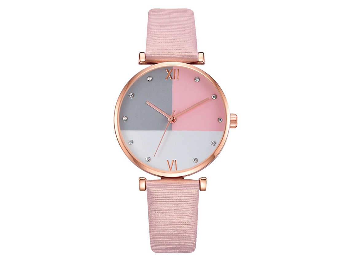 Relógio de Pulso Feminino de Quartzo com Pulseira Pu e Strass Mostrador Redondo Rosa