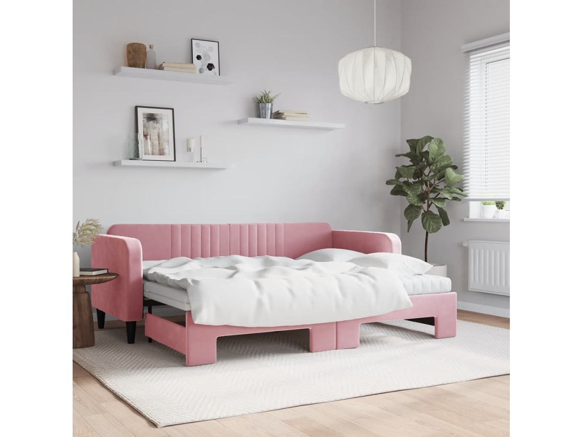Sofá cama con cajón y colchones de 80x200 cm en terciopelo rosa
