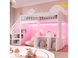Cama Infantil 90x200 com Guarda roupa Escada Led Multicolor Branca