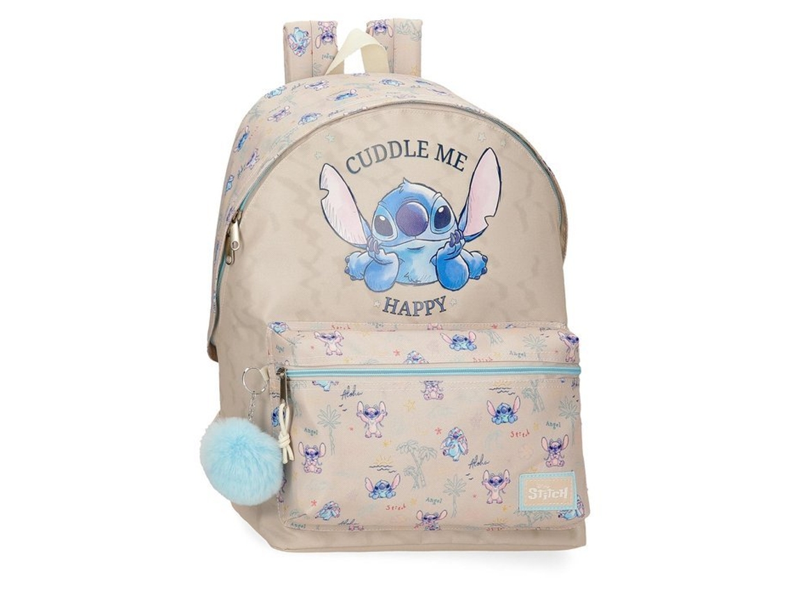 Mochila Escolar Adap. 44cm Stitch Cuddle Me Happy Bege