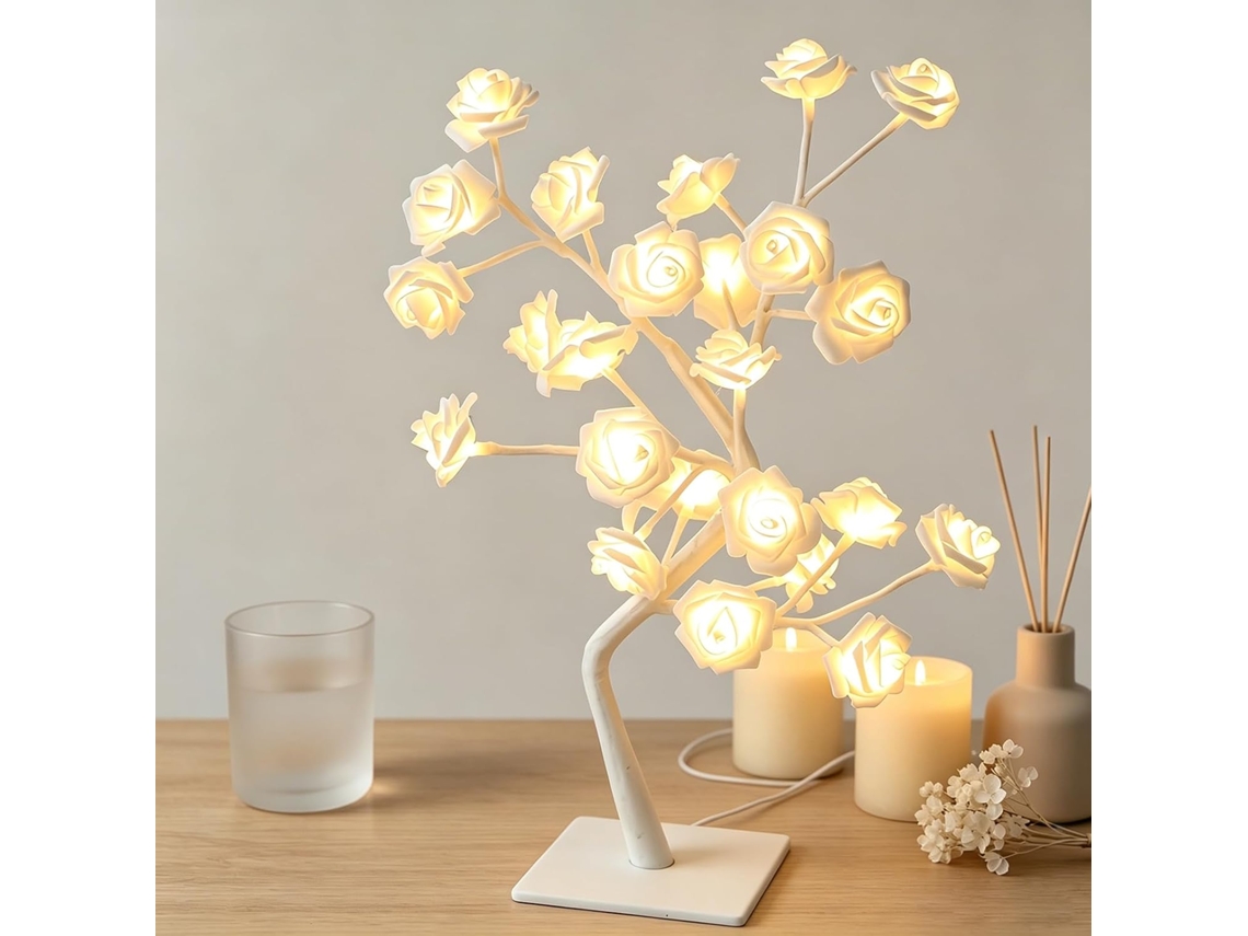 Mesa de LED com base rosa, alimentação USB, decorativa e branca, ideal para quarto e mesa. Perfeita para presentear.
