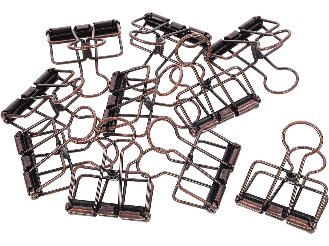 Conjunto de 10 clipes de metal de cobre para pastas e documentos, ideais para prender envelopes, papéis e cartões.