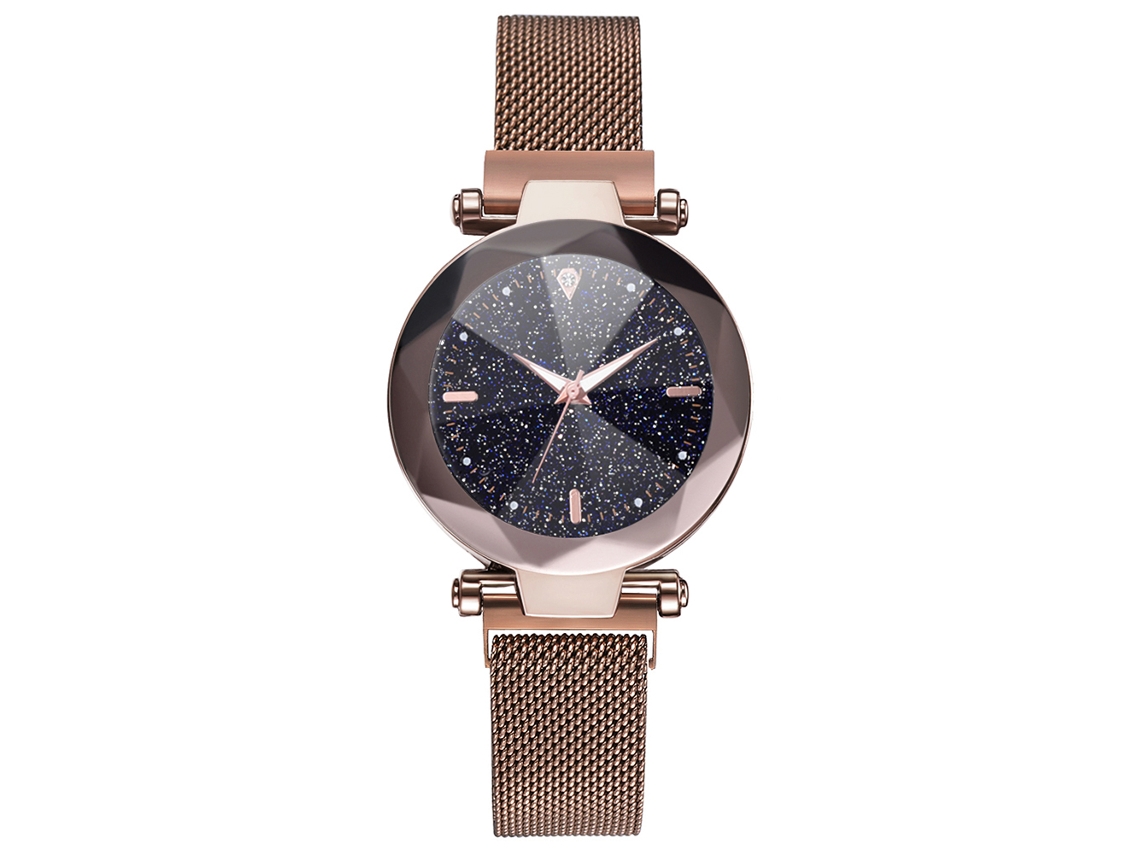 Relógio Feminino de Quartzo com Pulseira de Malha e Botão Magnético Mostrador Redondo Alloy Café