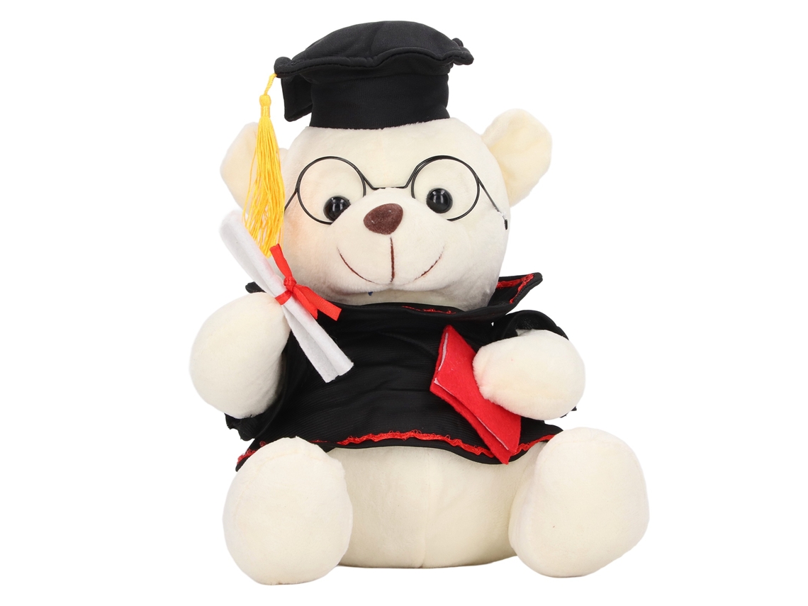Pequeno Urso de Pelúcia com Vestido, Chapéu e Diplomas - Brinquedo de Pelúcia para Presentes de Formatura - Branco