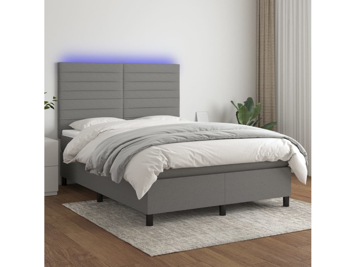 Vidaxl Cama Box Spring C/ Colchão E Led 140x190 Cm Tecido Cinza-escuro