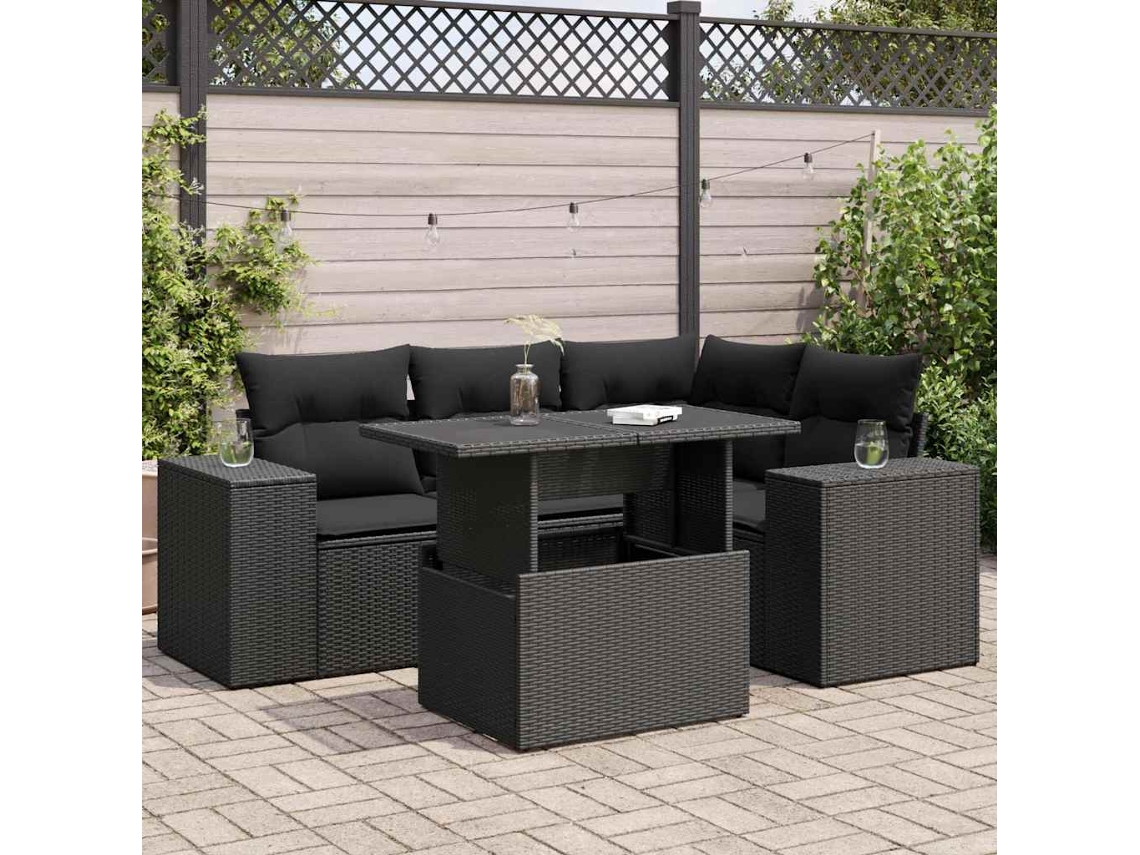 Vidaxl 5 Pcs Conjunto Sofás De Jardim Com Almofadões Vime Pe Preto