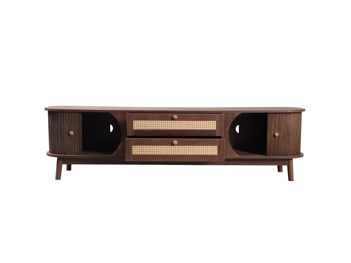 Rack De Tv Em Madeira Natural Com Portas E Gavetas,design Rústico Com Laterais De Vime,solução De Armazenamento Elegante