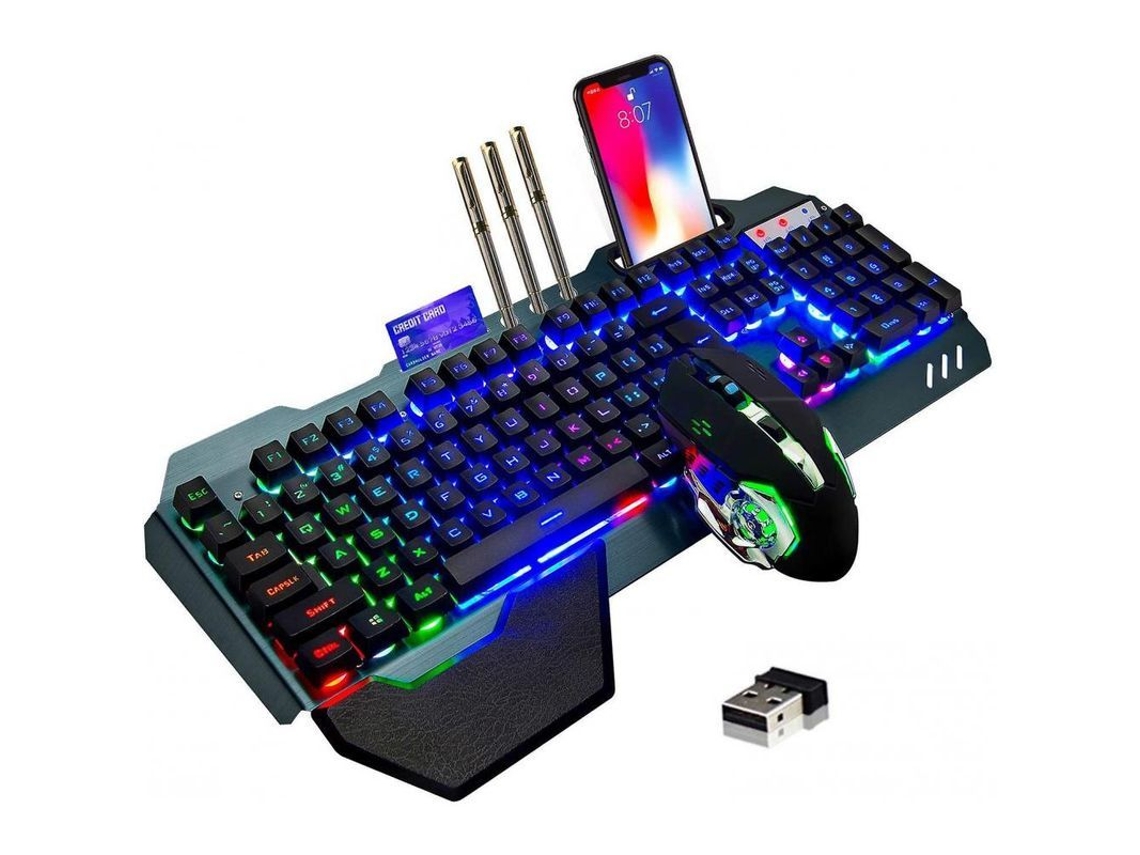 2026 teclado e Mouse Gamer Sem Fio, Iluminação Arco íris Recarregável com Suporte para Celular