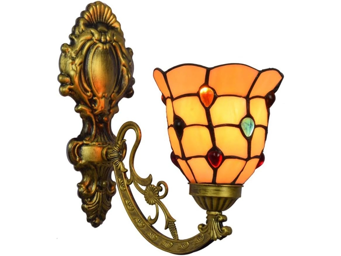 Aplique De Parede Estilo Tiffany, Aplique De Parede Com Vitral Amarelo, Luminária De Cabeça Simples Com Espelho 15cm