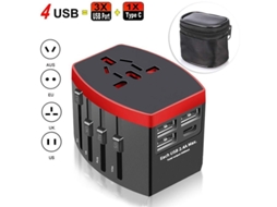 Adaptador universal de viagem com 4 portas USB, plug internacional, preto
