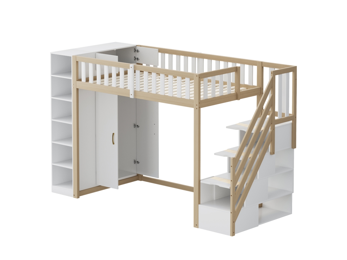 Cama Alta Multifuncional PAPRIKA 90x200cm com Prateleiras, armário, guarda roupa e Escada de Segurança, branco e Madeira Natural