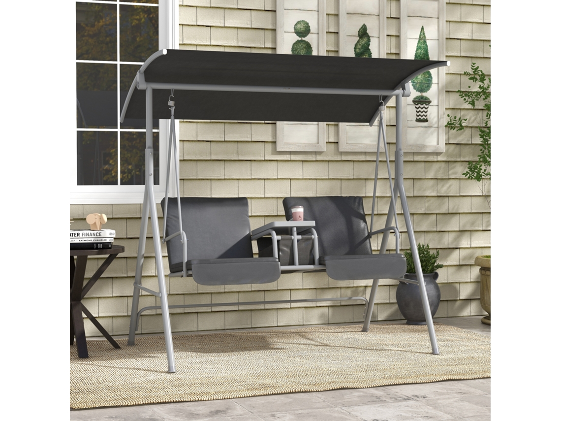 Balanço de jardim Hollywood de 2 lugares com cobertura, bolsa e bandeja, suporta até 180 kg, preto, ideal para varandas e áreas externas. Liptaptyn