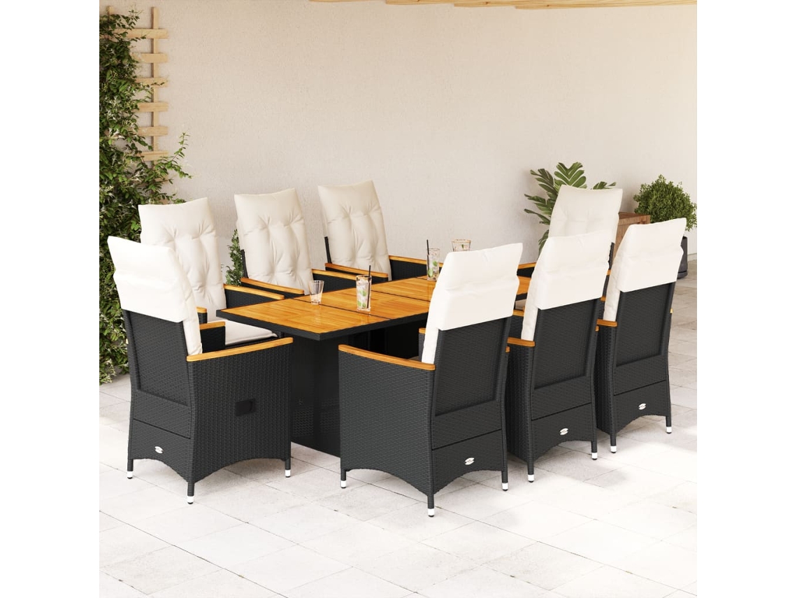 Conjunto 9 Peças Jantar P/ Jardim C/ Almofadões Vime Pe Preto Dkd Home Decor