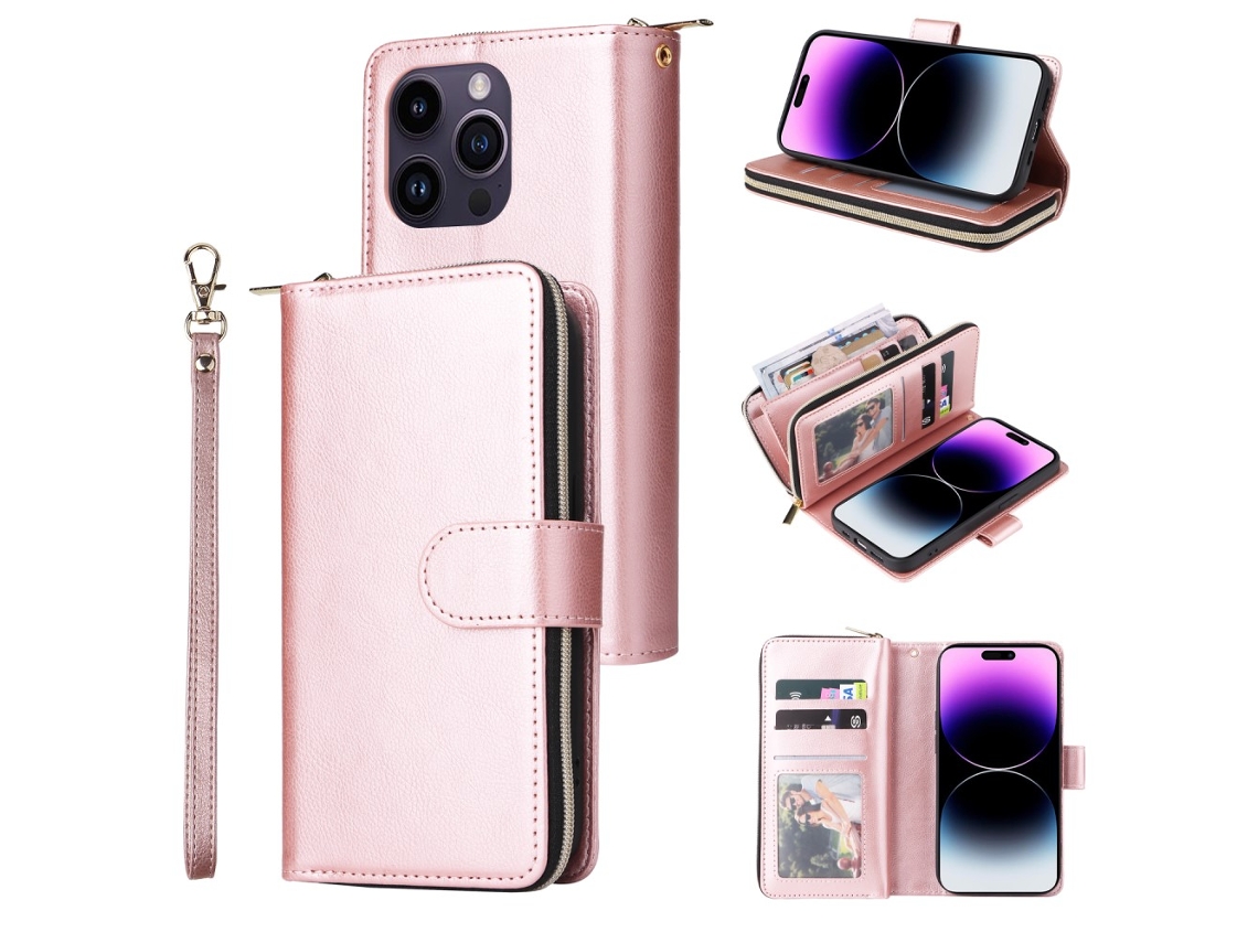 Capa Para Iphone 15 Pro Pele Sintética Com Porta-cartões Rosa