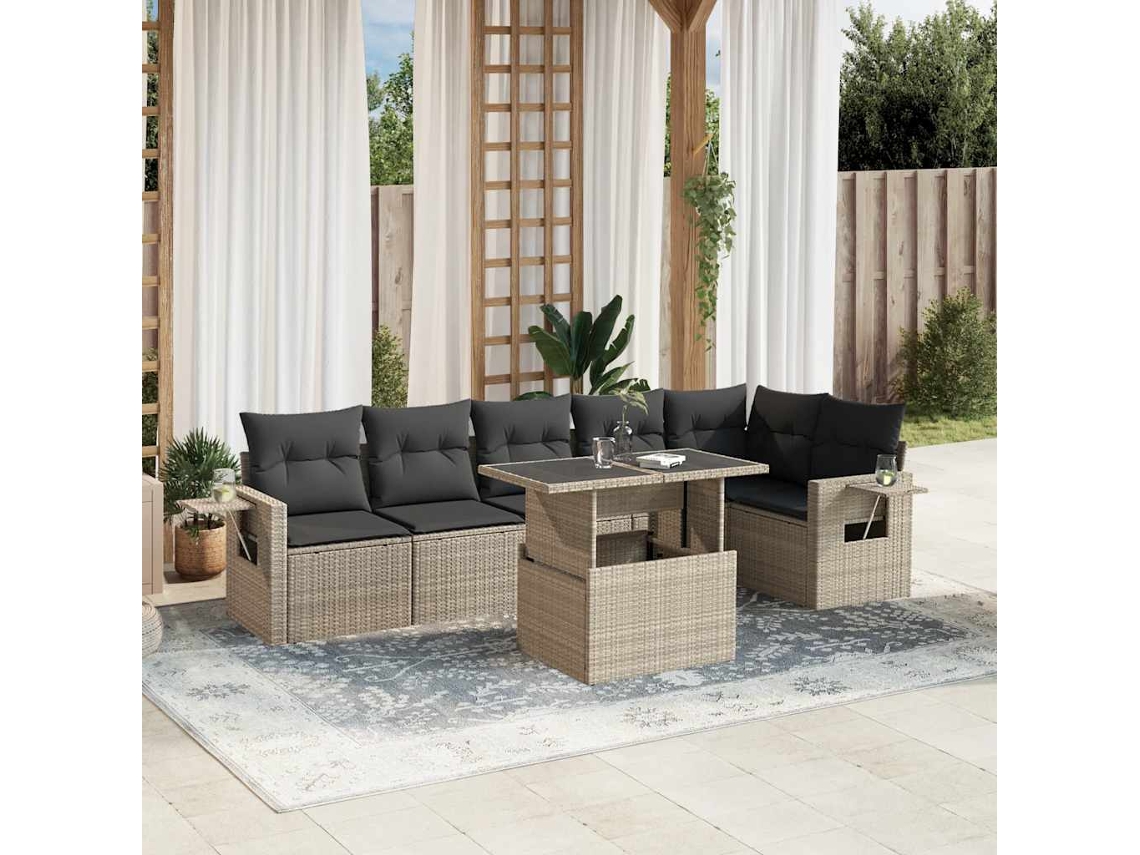 Vidaxl 7 Pcs Conj. Sofás Jardim Com Almofadões Vime Pe Cinzento-claro