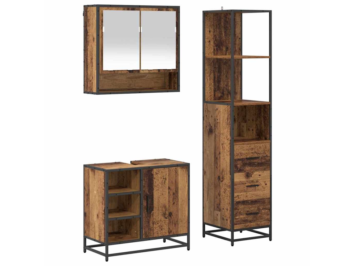 Conjunto de Móveis para Banheiro com Suporte, 3 Peças, Madeira Antiga, EXCLUSIVO DA MAISON